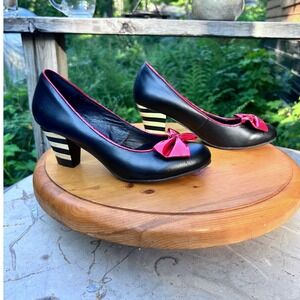 Angie Leather Pumps Womens Size 38 Black Red Bow Striped Heel Lola Ramona